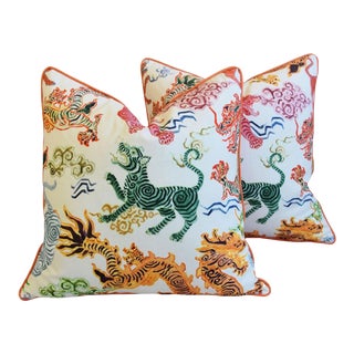 Designer Chinoiserie Asian Dragon Feather/Down Pillows - a Pair For Sale