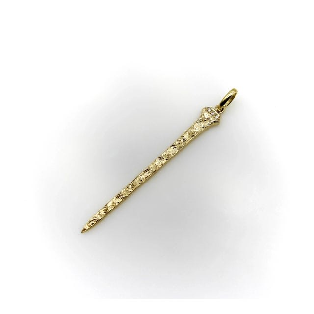 14k Gold Hand Engraved Lucky Nail Pendant With Diamonds For Sale - Image 4 of 9