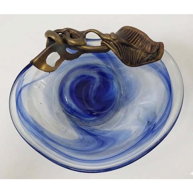 1980s Vintage Signed Filip Ravert Romanian Studio Art Glass Bowl With Sculptural Bronze Overlay For Sale - Image 4 of 7