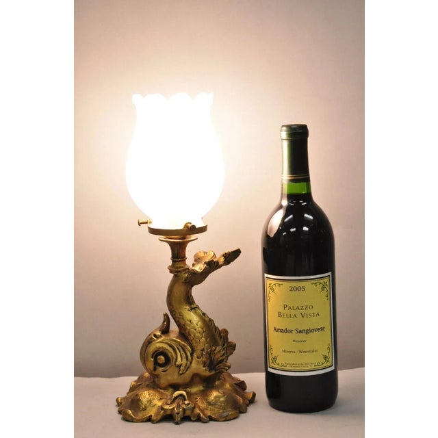 Antique French Art Nouveau Small Gold Gilt Metal Figural Dolphin Boudoir Bedside Table Lamp with Frosted Glass Tulip...