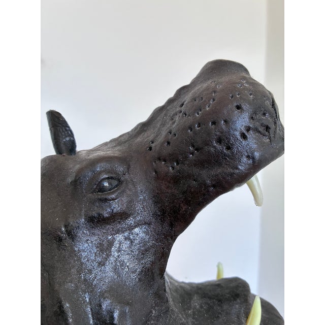 Black Large Vintage Handcrafted Leather Hippopotamus Statue For Sale - Image 8 of 10
