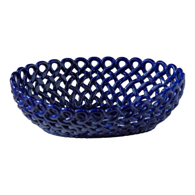 Vintage Italian Cobalt Blue Woven Ceramic Centerpiece Basket - 12.5" For Sale