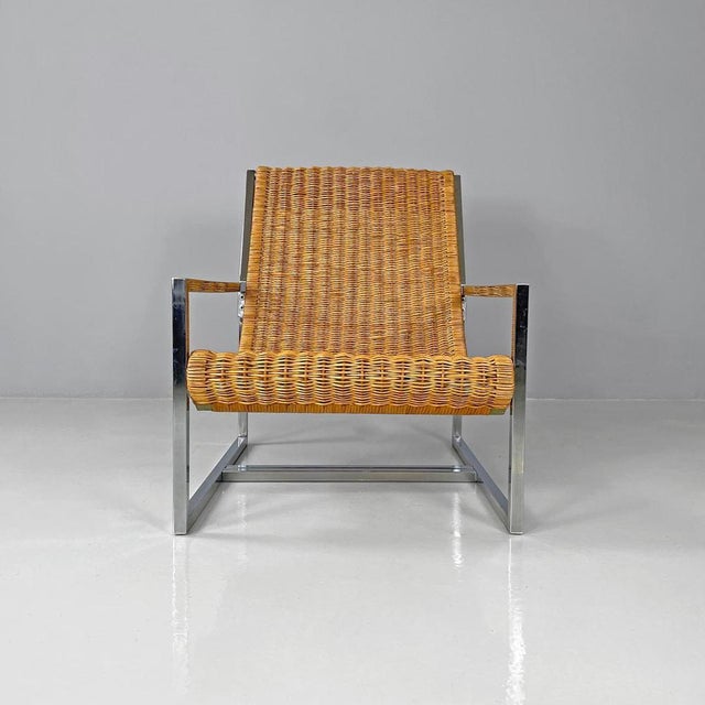 Italian Rattan and Chromed Metal Armchair attributed to Lyda Levi, 1970s For Sale - Image 4 of 18