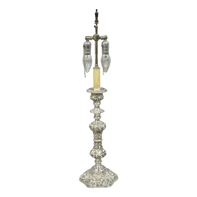 Antique English Victorian Silver Plated Scroll Repousse Candlestick Table Lamp For Sale