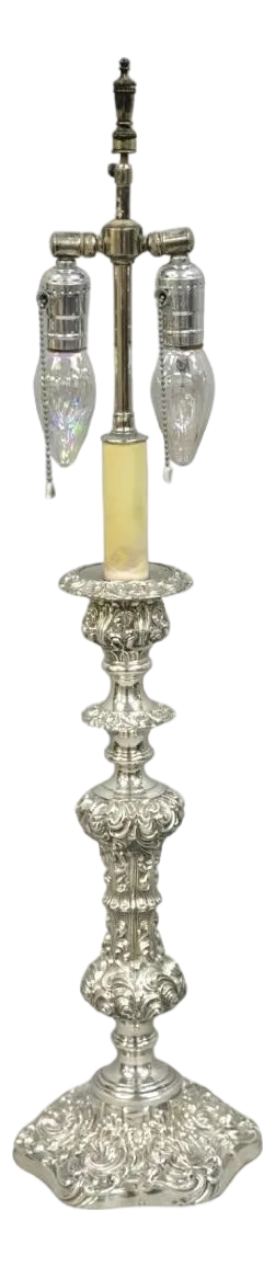 Antique English Victorian Silver Plated Scroll Repousse Candlestick Table Lamp