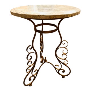 Scroll French Style Wrought Iron + Travertine Accent Table For Sale