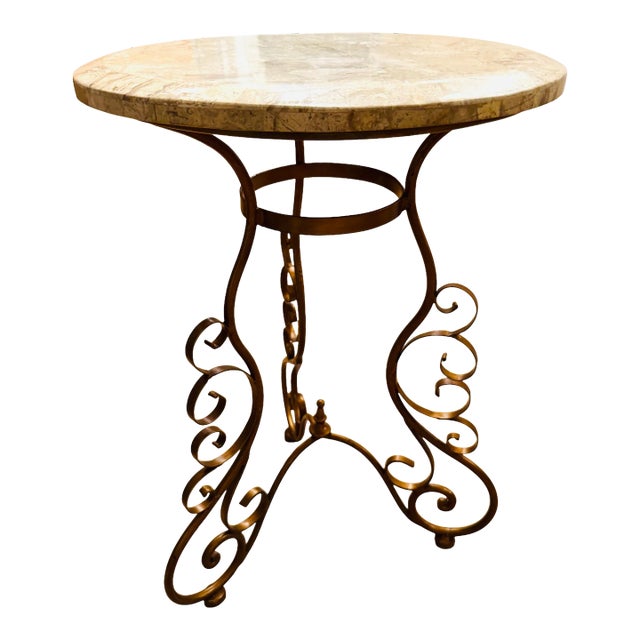 Scroll French Style Wrought Iron + Travertine Accent Table For Sale