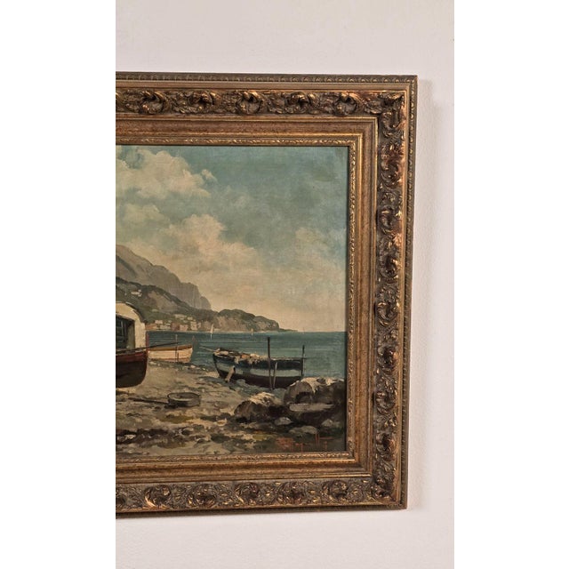 Continental Oil Painting of Fishing Village, Probably Italy Circa 1900 For Sale - Image 4 of 5