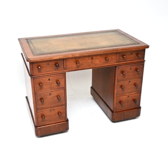Antique Victorian Walnut Leather Top Pedestal Desk, 1890 For Sale - Image 11 of 11