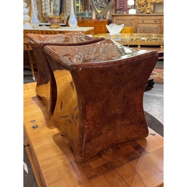 Early 21st Century Pair of Burl Walnut Wood Stools For Sale - Image 5 of 6