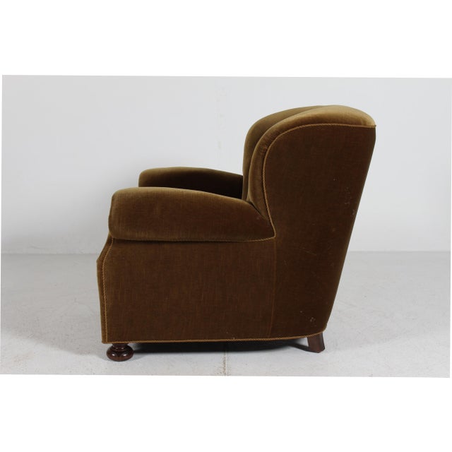 Large Art Deco Roll Arm Lounge Chair in Olive Green Velvet, Denmark, 1940s For Sale - Image 3 of 16