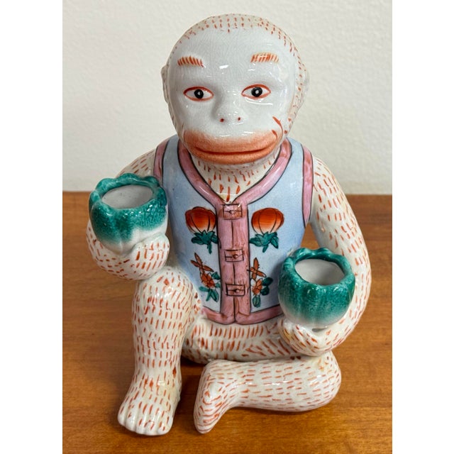 Ceramic Vintage Seated Chinoiserie Monkey Candleholder For Sale - Image 7 of 9
