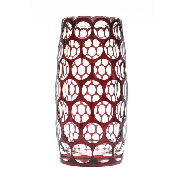 Vintage Honeycomb Optic Czech Glass Vase With Circles Burgundy Red and Clear For Sale In Miami - Image 6 of 10