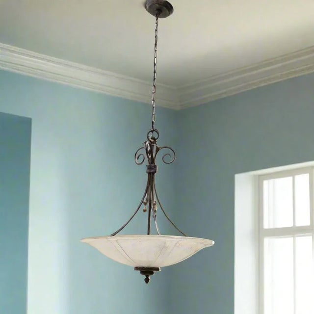 Iridescent Glass & Wrought Iron Flowers Pendant Light For Sale - Image 10 of 11