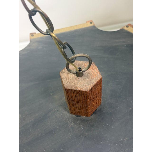 1970s Fredrick Ramond Hexagonal Brass Oak Wood Smoke Glass Chandelier For Sale - Image 9 of 11