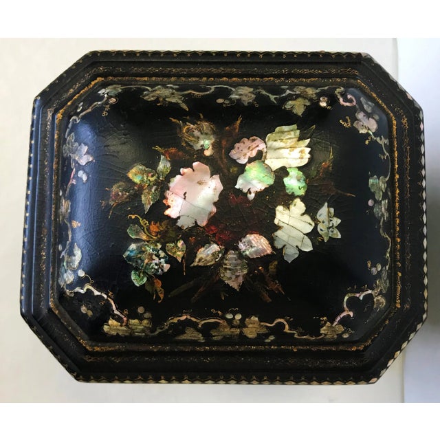 Mid 19th Century 19th Century Papier Mâché Lacquered Jewelry Box Hand Painted with Inlaid With Mother-Of-Pearl For Sale - Image 5 of 13