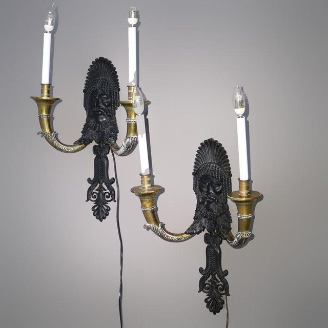 Antique Ebonized Bronze & Brass Figural Indian Chief Wall Sconces C1920 - a Pair For Sale - Image 4 of 7