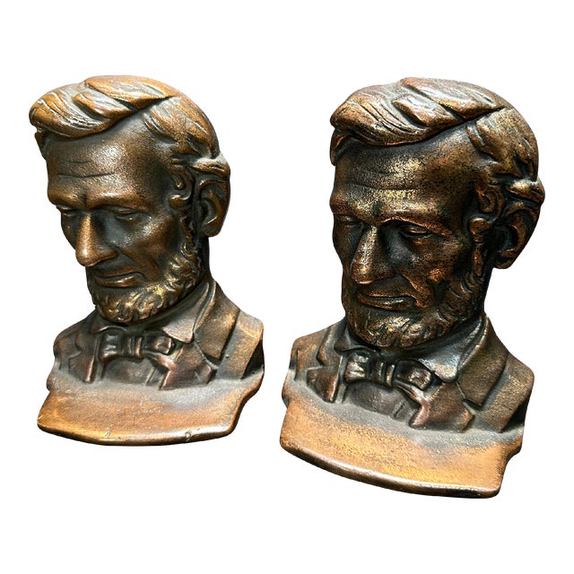 Antique Abraham Lincoln Cast Iron Bronze Coated Bookends a- a Pair For Sale