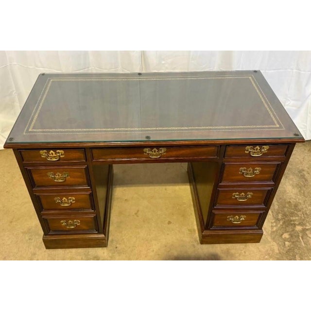 Vintage Sligh Furniture Chippendale Mahogany and Tooled Leather Top Partners Desk With Glass For Sale - Image 9 of 18