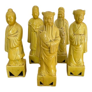 Mid 20th Century Taoist Immortals in Golden Yellow-Set of Five Figures For Sale