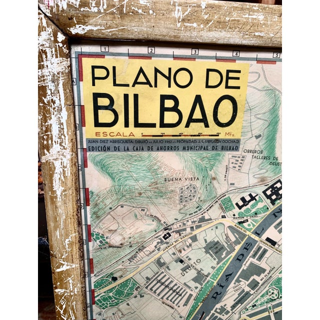 Mid-Century Modern Original 1952 Mid-Century City Plan of Bilbao, Spain ‘Plano De Bilbao’ in Original Chippy Wood Frame For Sale - Image 3 of 11