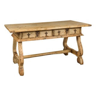 Spanish Baroque Style Bleached Walnut Trestle Base Farm Table, circa 1820 For Sale
