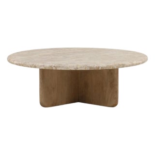 Beige Marble & Wood Round Coffee Table For Sale