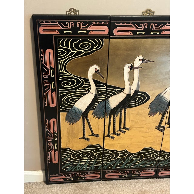 Mid-Century Art Deco Chinese Coromandel Lacquer 4-Panel Wall Screen With Cranes. For Sale - Image 4 of 8