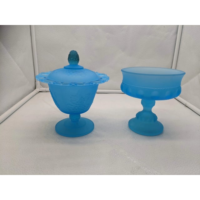 Mid 20th Century Mid 20th Century Frosted Blue Compote Candy Dish With Lid Lace Edge Grape Motif Pineapple Topper For Sale - Image 5 of 9