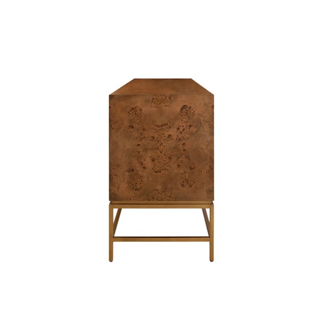 Wood Matthew Izzo Home Ariel Dark Burlwood Four Door Buffet With Acrylic and Antique Brass Door Pulls and Antique Brass Base For Sale - Image 7 of 9