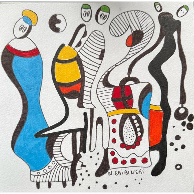 The Gathering — Nathalie Gribinski — Small Abstract Figurative Drawing (8 X 8 In, 2025) For Sale