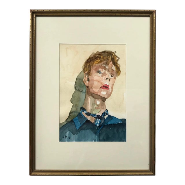 Modern Expressionist Portrait Original Watercolor Painting in Vintage Giltwood Frame For Sale