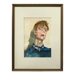 Modern Expressionist Portrait Original Watercolor Painting in Vintage Giltwood Frame