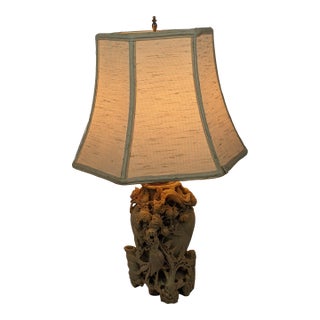 Mid-20th-Century Chinese Hand-Carved Soapstone Bird and Floral Vase Lamp For Sale