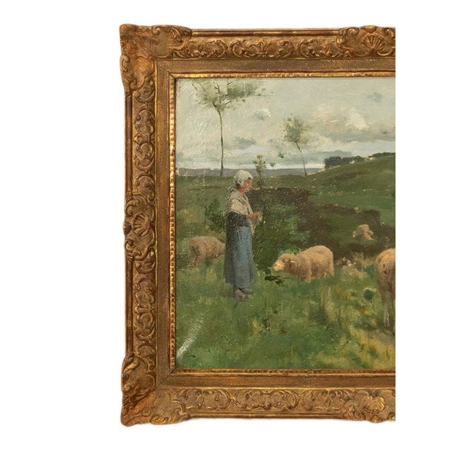 19thC Oil on Canvas French Pastoral Realism Barbizon School Landscape Painting by Harry Thompson, 1885 For Sale - Image 9 of 18
