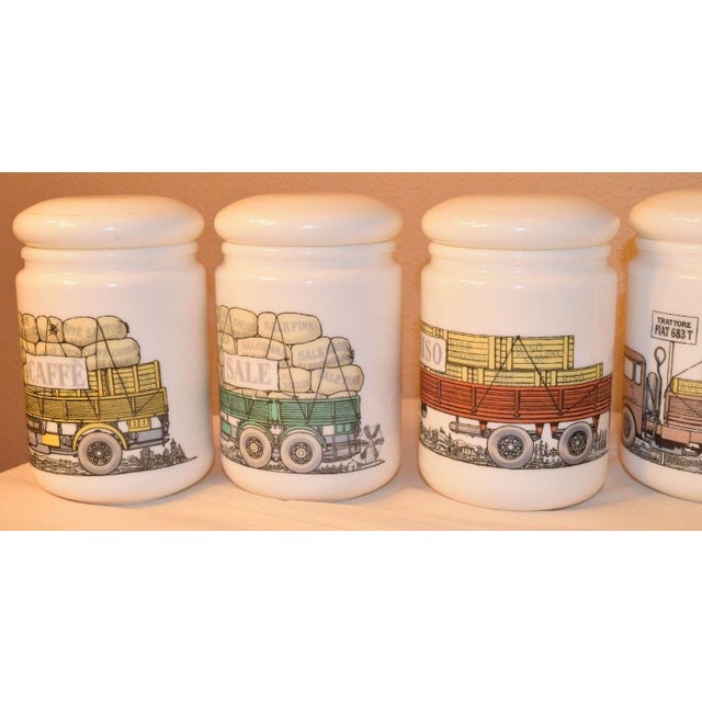 Piero Fornasetti Set of Piero Fornasetti Opaque White Glass Jars and Covers made for Fiat, Circa 1960. For Sale - Image 4 of 11