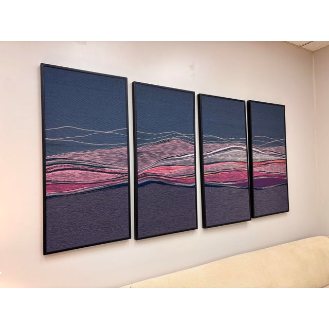 Fiber art by renowned textile artist, Pamela Twycross-Reed. Modern vintage abstract landscape in blues, pinks and purples....