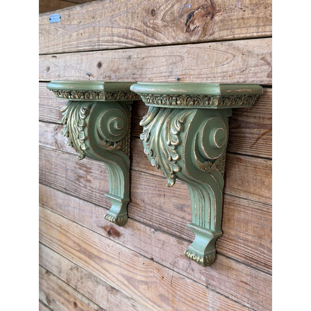 Pair of Carved Acanthus Wall Bracket Shelves / Corbels in Distressed Green Finish For Sale - Image 9 of 12