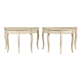 Swedish 19th Century Painted Demilune Tables with Cabriole Legs, a Pair For Sale