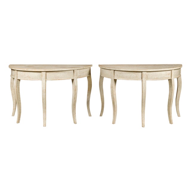 Swedish 19th Century Painted Demilune Tables with Cabriole Legs, a Pair For Sale