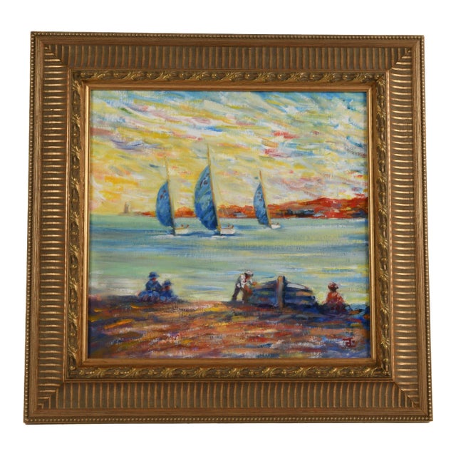 Late 20th Century Signed Phillip Corley "Reflections of a Sailing Day" Oil on Board For Sale