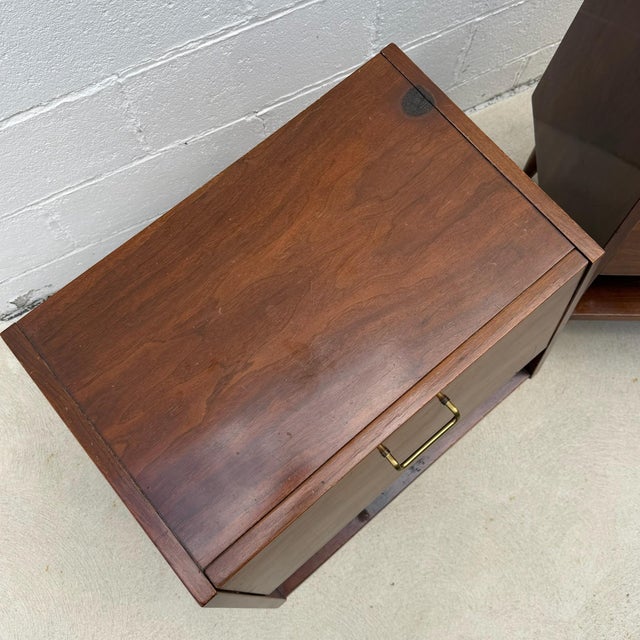 Brown Mid 20th Century Pair of American of Martinsville “Dania” Walnut Drop-Down Mid Century Modern Nightstands For Sale - Image 8 of 12