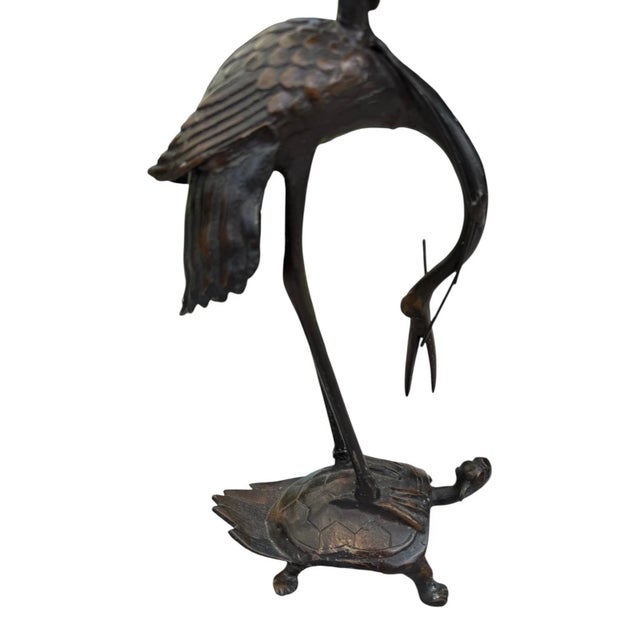 Vintage MCM Cast Iron Crane Heron Candlestick Holders Turtle Base Japan Pair For Sale - Image 10 of 18