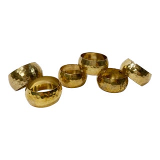 Vintage Hammered Brass Napkin Rings, Set of 6 For Sale