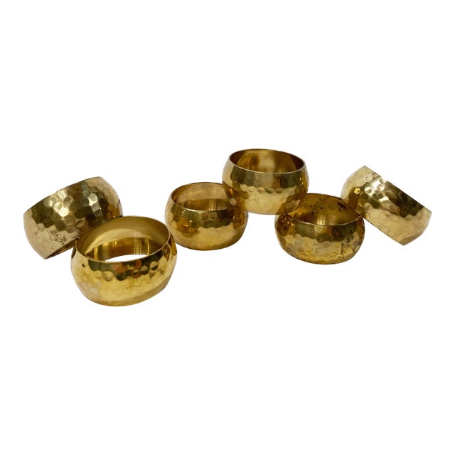 Vintage Hammered Brass Napkin Rings, Set of 6 For Sale