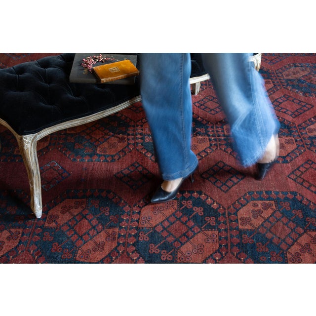 1920s Antique Allover Tribal Geometric Coral Red Navy Blue Hand-Knotted Wool Low Pile Rug - 8’3” X 9’5” For Sale - Image 5 of 12