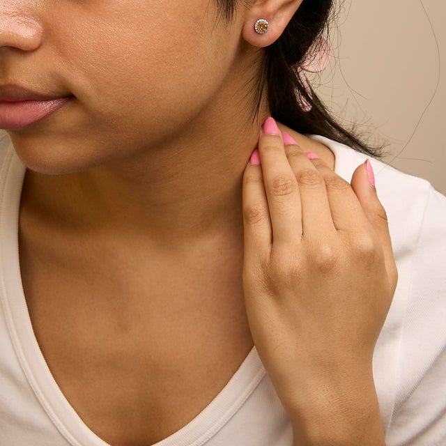 10K White Gold Orange Citrine and 1/6 Cttw Diamond Halo Stud Earring For Sale - Image 4 of 5