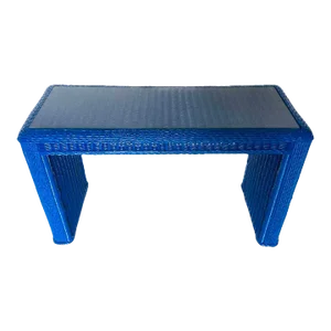 1970s Vintage Palm Beach Coastal Blue Wicker & Rattan Waterfall Console Table With Glass Top.