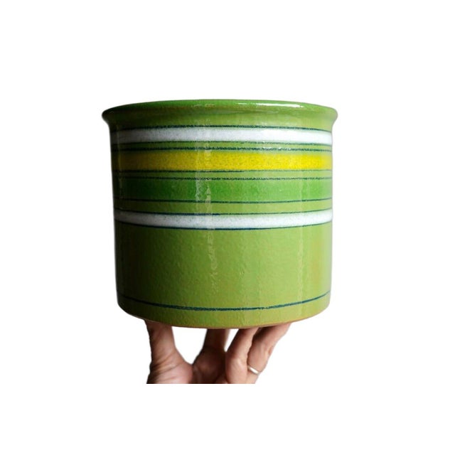Lime Green Striped Glossy Glazed Ceramic Flower Pot by Aldo Londi. It is quite heavy. Weighing around 3 lbs. Dimensions:...