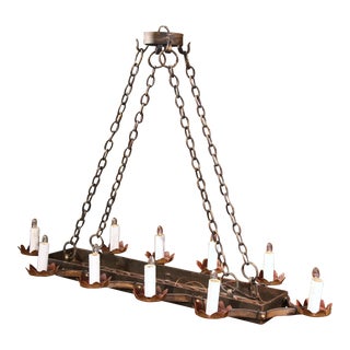 19th Century French Ten-Light Flat Bottom Iron Chandelier with Gilt Accents For Sale